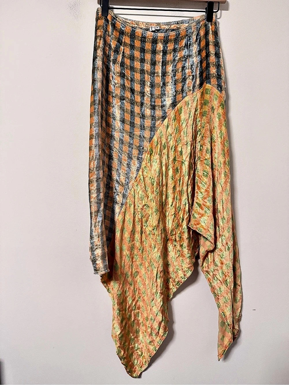 Anthropologie bl^nk London velvet Plaid Asymmetrical Midi Skirt geometric S